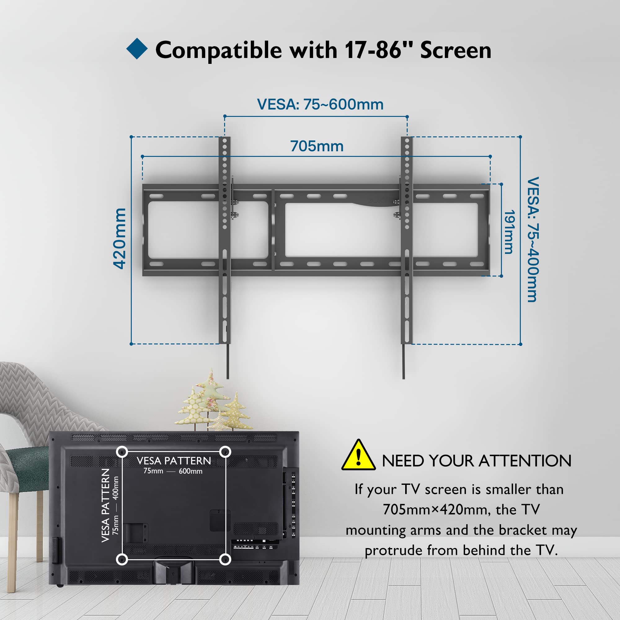 BONTEC Tilting TV Wall Mount for Most 17-86 inch LED OLED LCD Flat Curved Screen TVs, TV Wall Bracket Holds up to 165LBS, Max VESA 600 x400mm