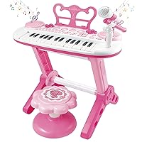 Kids Piano Keyboard Toys, 31-Keys Piano for Toddler Ages 3-5-9, Educational Toys with Microphone, Stool, Portable Multifunction Electronic Musical Instrument, 3+Year Old Girls Birthday Gift Ideas-Pink