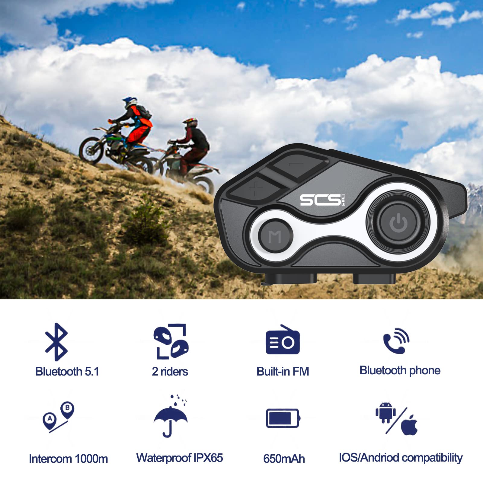 SCSETC Motorcycle Bluetooth Intercom S-8X 1000m 2 Riders Motorbike Helmet Communication System Headset Universal Wireless Interphone (Waterproof/Handsfree/Stereo Music/GPS/FM