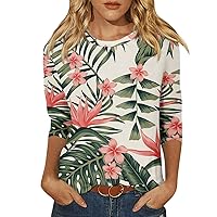 Women's White Blouse Green Leaf Print Casual Round Neck 3/4 Sleeve Loose Printed T-Shirt Top Blouses, S-3XL