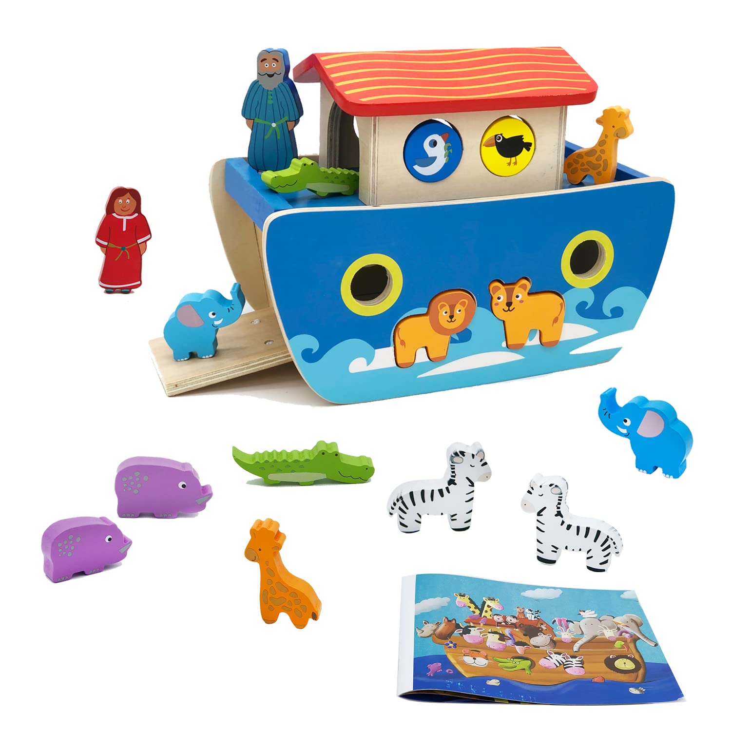DOLLERGO Noah's Ark Toys for Toddlers Wooden Baptism Gifts for Boys Girls 1 2 3 Year Old Christian Bible Toys Kids Learning Toys with Story Book for 12 18 24 Months Babies