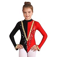 TiaoBug Kids Girls Red Circus Ringmaster Costumes Shiny Sequins Long Sleeves Gymnastics Leotard Dancewear