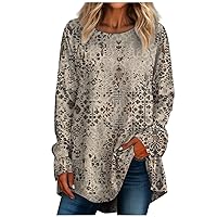 Womens T Shirts Women's Casual Plus SizeLong Sleeved Round Neck Retro Printing T-Shirt Top Pullover