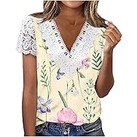 Womens Flower Graphic Loose Fit Long Tops Vneck Blouses for Women Lace Short Sleeve Summer Fall Shirts 2024 Trendy