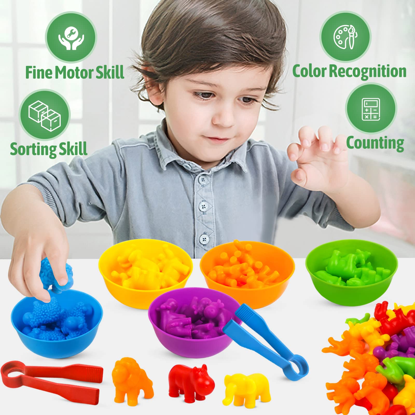 Counting Animals Matching Games Color Sorting Stacking Toys with Bowls Preschool Learning Activities Educational Sensory Montessori STEM Toy Daycare Sets Gift for Toddlers Kids Boys Girls Aged 3+ Year