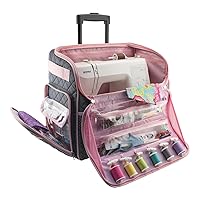 Everything Mary Deluxe Quilted Pink and Grey Rolling Sewing Machine Tote Case Fits Most Brother & Singer Sewing Machines, Sewing Bag with Wheels & Handle - Portable Sewing Case