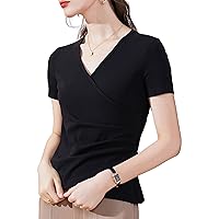 Women's Summer Solid Color Tops Fashion V-Neck Short Sleeve Pleated Waist Patchwork Soft Blouses Elegant Work Shirt