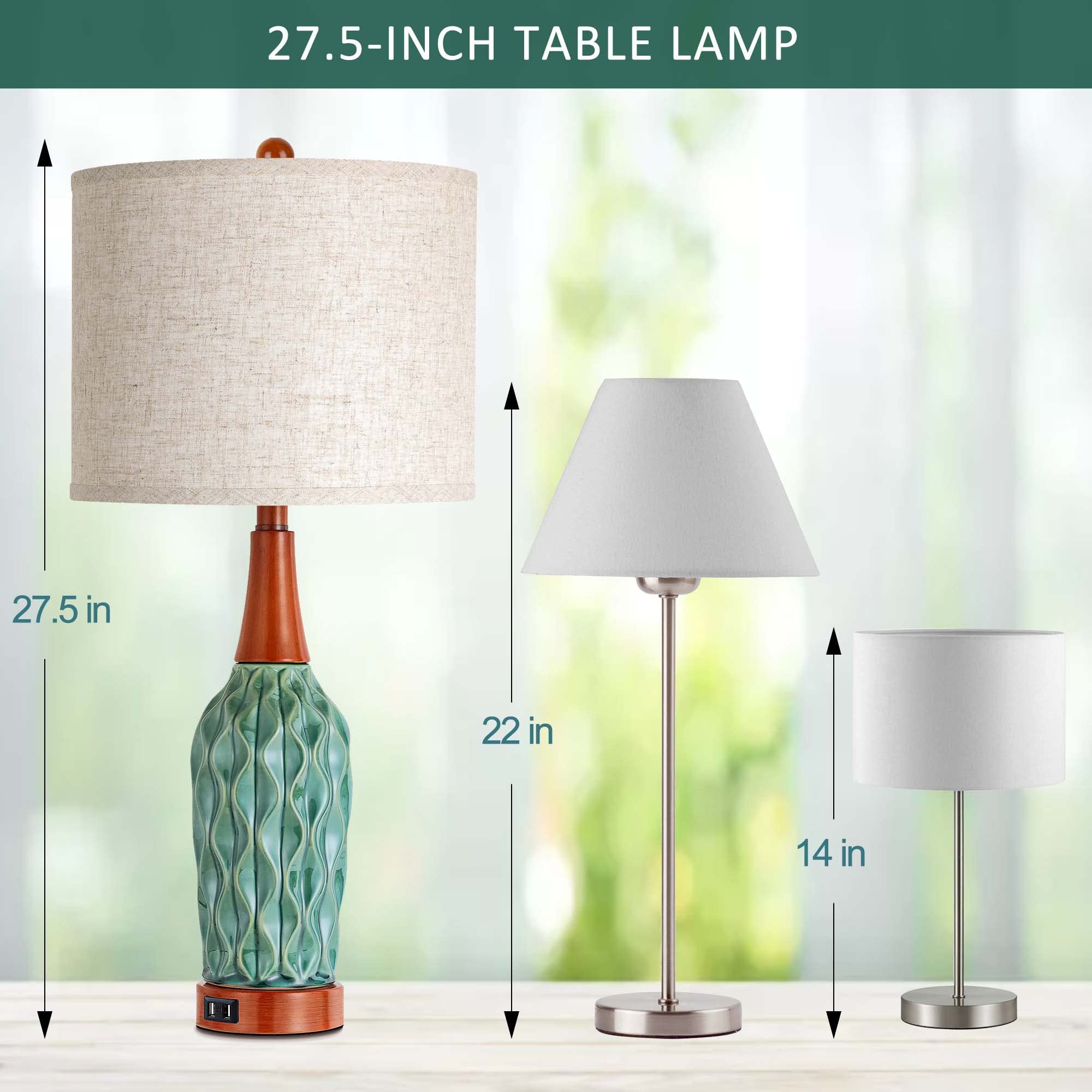 Vintage Table Lamps for Living Room Set of 2, Retro Bedside Lamp for Bedroom with USB Port, MCM Teal Ceramic 3-Way Dimmable Nightstand Lamp with Oatmeal Linen Shade (Bulb Included)