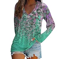 FYUAHI Women's Long Sleeved T-Shirt V-Neck Tie Dyed Floral Stripe Print Casual Top Long Sleeve Shirts for Women Plus Size