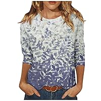 Vintage T Shirts for Women 3/4 Length Sleeve Print Casual Fashion Loose Fit with Round Neck Tunic Blouses