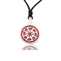 Red Buddhist Wheel of Life Silver Pewter Charm Necklace Pendant Jewelry
