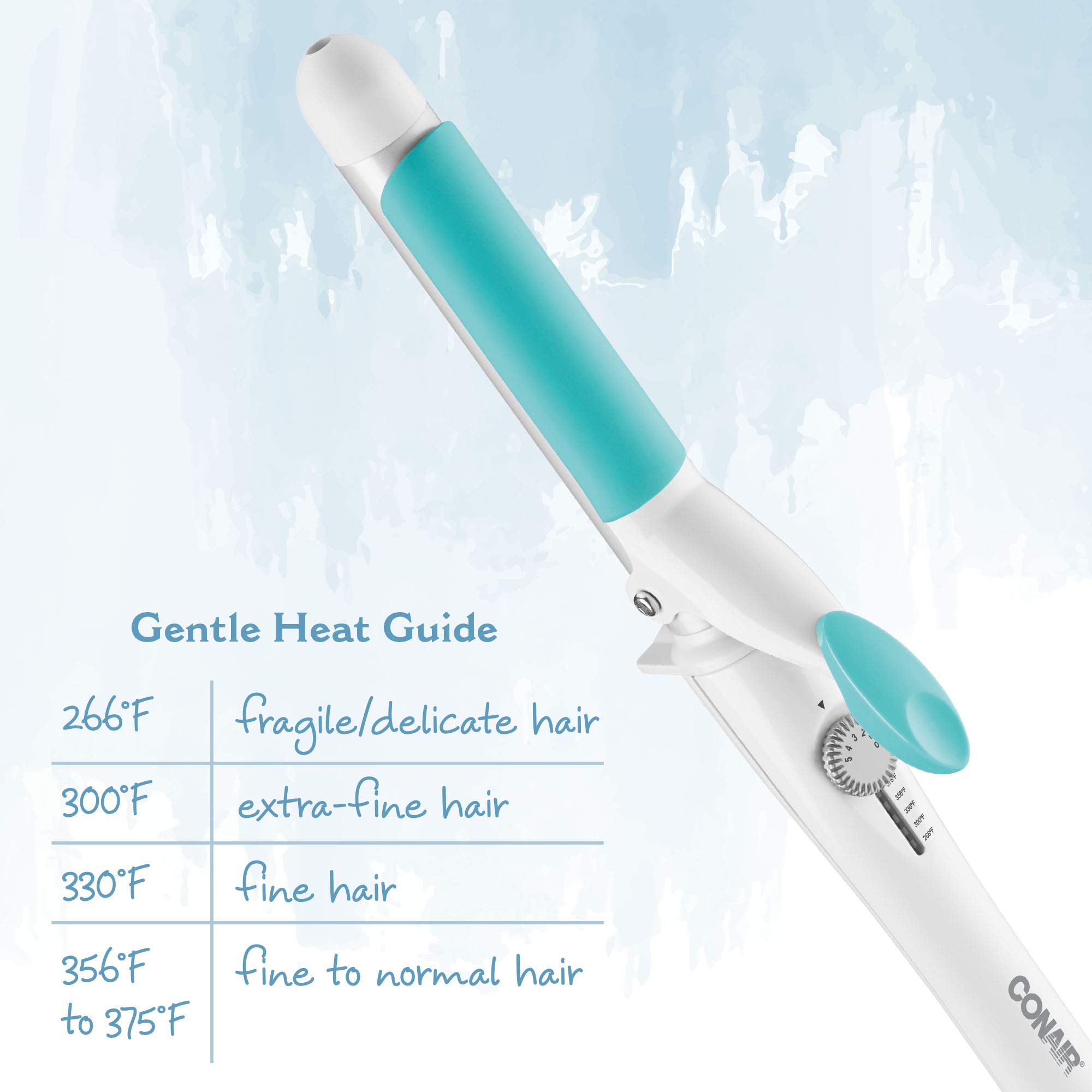 Conair OhSoKind For Fine Hair Curling Iron; 1-inch Curling Iron with Silicone Clip, 1-inch barrel produces classic curls – for use on short, medium, and long hair, White and Blue
