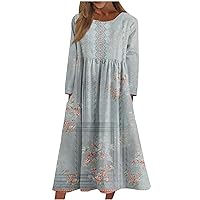 Womens 2023 Fall Dress Plus Size Casual Long Sleeve Midi Dress Cute Floral Print Pleated Flowy Pocket Dresses