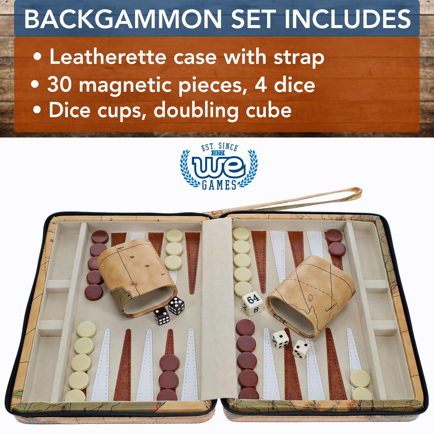 WE Games Backgammon Set, Board Games for Adults - Travel Games - Magnetic with Tan Map Style Leatherette Backgammon Board and Carrying Strap - Travel Backgammon Sets for Adults