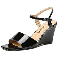 WAYDERNS Womens Dating Open Toe Slingback Buckle Casual Ankle Strap Patent Wedge High Heel Heeled Sandals 3.3 Inch