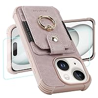 MONASAY Wallet Case Compatible for iPhone 15 5G 6.1 inch with 360° Rotation Ring Stand[Glass Screen Protector][RFID Blocking] Leather Phone Cover with Card Holder for Women and Men, Pinksand