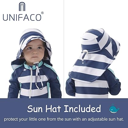UNIFACO Baby Boy Swimsuit UPF 50+ Sun Protection One Piece Zip Bathing Suit with Sun Hat Infant Sunsuit Swimwear