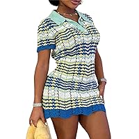 Womens Summer Sexy Knit Colorful Striped Mini Dress Short Sleeve Button V-Neck Bodycon Crochet Dresses Club Outfits