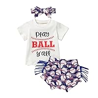 Baby Girl Basbeball Outfits Play Ball Y'all Short Sleeve T-Shirt Baseball Tassel Shorts Headband Set Summer Outfit