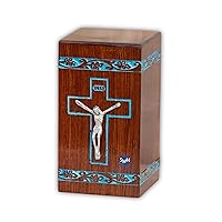 INRI Cross Carved urns for Ashes Adult Male/Female | Wood Cremation urns for Adult Ashes with True Hand Carving Work | Wooden Urn for Human Ashes Large 250.00 Cubic inches with Bottom Opening System