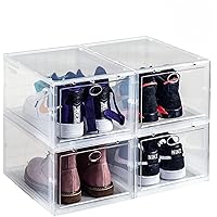 4 Pack Shoe Storage Boxes, Plastic Clear Shoes Organizer for Closet, Fit up to Size 13, Stackable Shoe Rack with Lid for Sneaker Storage, Large Shoe Storage Containers for Cabinet Under Bed