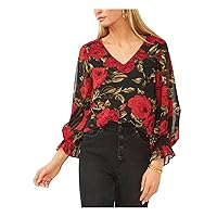 Vince Camuto Women's Smocked-Cuff Floral-Print Top (Rich Black, Small)