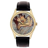 The KISS. Henri de Toulouse-Lautrec Vintage French Erotic Art Collectible Solid Brass Wrist Watch in Pinewood Gift Box