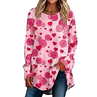 Girls Valentine Shirts, Women's Loose Casual Round Valentine's Day Printed Long-Sleeved Plus Size T-Shirt Top