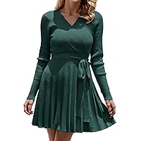 Floral Mini Dress for Women Sleeves,Women Casual Long Knit Adjustable Belted Pleated V Neck A Line Dress Womens