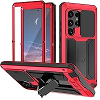 XRJNFHI-- Metal Case for Samsung Galaxy S24 Ultra/S24 Plus/S24, Slide Camera Cover Screen Protector Full Body Case Kickstand Military Heavy Duty Case (S24,Red)
