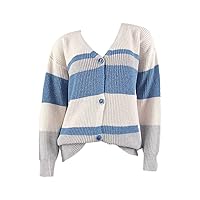 Womens V Neck Button Down Short Cardigan Sweaters Stripe Open Front Cable Knit Long Sleeve Casual Baggy Crop Outwear Top
