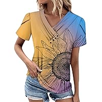 Womens Fashion Tops Summer Tops for Women 2024 Flower Print Button Patchwork Loose Fit Casual with Short Sleeve V Neck Shirts Orange X-Large