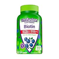vitafusion Extra Strength Biotin Gummy Vitamins, Berry Flavored, 5,000 mcg Biotin Vitamins, America’s Number 1 Gummy Vitamin Brand, 50 Day Supply, 100 Count (Packaging may vary)