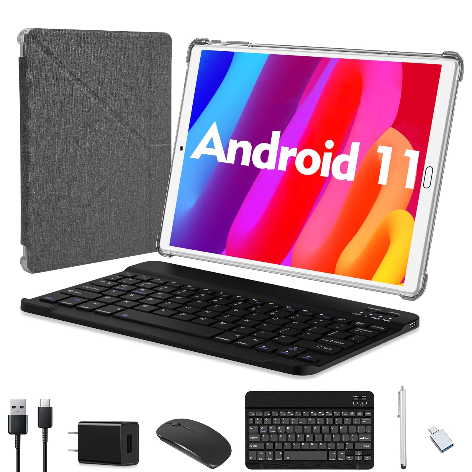 Android 11 Tablet 10 Inch, 2023 Tablets with Keyboard, 2 in 1 Tablet Support Dual Band 5+2.4Ghz WiFi, 64GB ROM 4GB RAM, 6000mAh Battery, Dual Camera 13MP+5MP, Micro SD Card Support, Computer Tablets