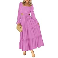 Women's 2024 Long Sleeve Cutout Maxi Dress Square Neck Crossover Waist Ruffle Tiered Casual Party Dress