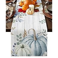 Thanksgiving Fall Table Runner 72 Inches Long for Dining Table, Cotton Linen Farmhouse Table Runner Washable Coffee Table Runners Dresser Scarf for Kitchen Holiday Blue White Pumpkin Wooden 18x72in