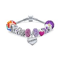 Bling Jewelry Love Grandma Family Themed Starter Beads Multi Charm Bracelet For Grand Mother Women .925 Sterling Silver Snake Chain European Barrel Snap Clasp Bracelets 6.5 7 7.5 8 8.5 9In