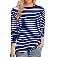 LilyCoco Womens 3/4 Length Sleeve Tops Striped Boatneck Shirt Breton French Cotton Tees
