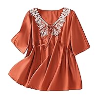Women's Embroidered Babydoll Tops Lace-Up V Neck Short Sleeve Shirts Summer Cute Peasant Casual Loose Fit Blouses