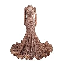 Womens Sexy Sheer Deep V Neck Prom Dress Mermaid Tulle Sequins Dresses Long Sleeve Evening Party Gown