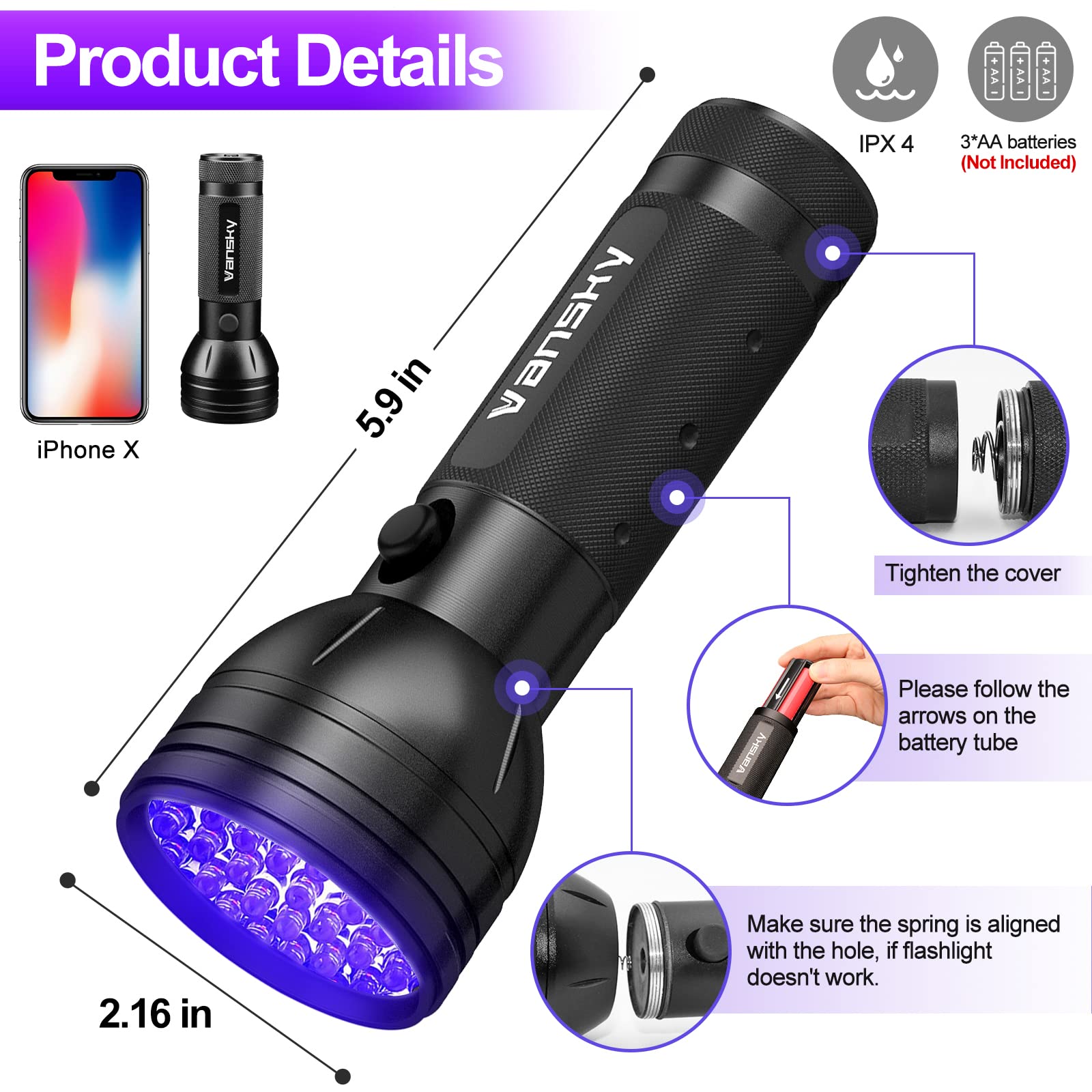 【Recommend】Vansky 365nm and 51 LED 395nm Blacklight UV Flashlight Pet Urine Detector for Dog/Cat Urine