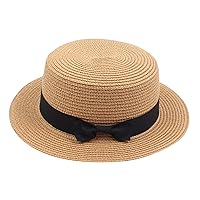 Unisex Kids Little Girls Sun Straw Hat Bowler Round Top Wide Brim with Black Bowknot Decor Summer Beach Foldable Visor