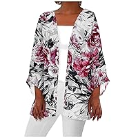 Lightweight Cardigan for Women Summer Printed 3/4 Sleeve Kimono Cardigan Casual Beach Cover Up Tops Open Front Blouse