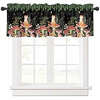 Mushroom Kitchen Valances for Windows Squirrel Green Leaves Plant Rod Pocket Curtain Valances for Living Room Bedroom Cafe Window Treatment, 1 Panel, 42x12 Inch