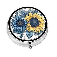 Two Blue Sunflowers Heart Shape Print Round Pill Box Cute Mini Metal Pill Case with 3 Compartment Portable Travel Pillbox Medicine Organizer for Pocket Wallet