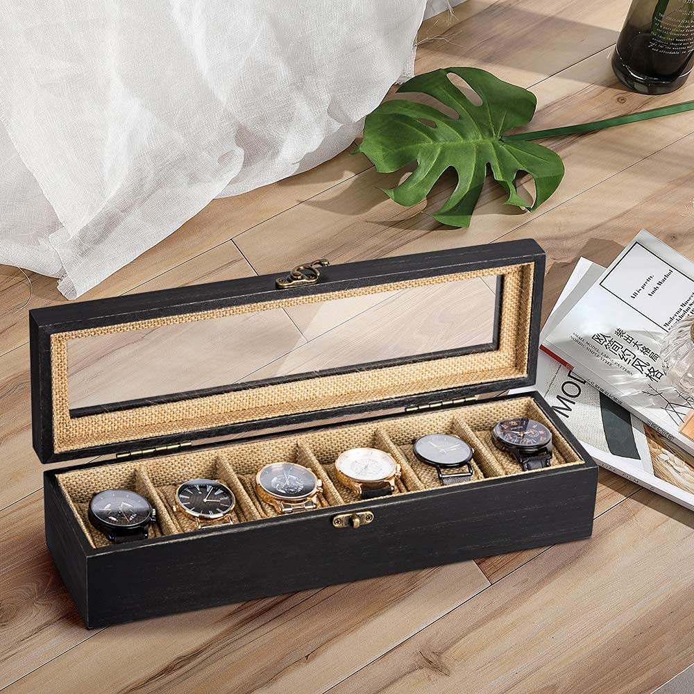 SRIWATANA Watch Box Case 6 Slot and Sunglasses Organizer 6 Slot for Women Men, Weathered Black (Contains 2 Items)