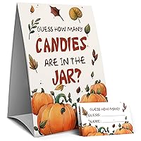 Pumpkin theme Party Games - Guess How Many Candies are in the Jar(Maple leaf), Baby Shower Game, Bridal Shower Games, Autumn Activities - 1 Sign and 50 Guessing Cards(18A)