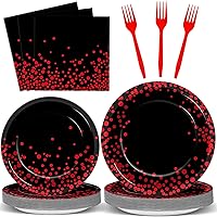 96 Pcs Black and Red Party Plates and Napkins Party Supplies Red Dot on Black Party Birthday Tableware Set Decorations Favors for Birthday Baby Shower Serves 24