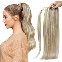 Pony Extension Human Hair Magic Paste Ponytail Human Hair Brazilian Ponytail Human Hair Straight Hair Extensions Ash Blonde Highlights 70Grams 14Inch
