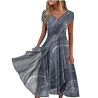 Summer Dresses for Women 2024 Marbling Printing Short Sleeve V Neck Midi Dress A-Line Pleated Beach Flowy Sundresses